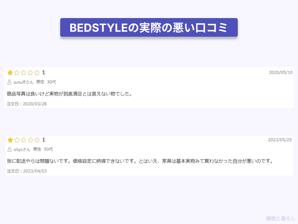 BEDSTYLEの悪い評判の実際の口コミレビュー