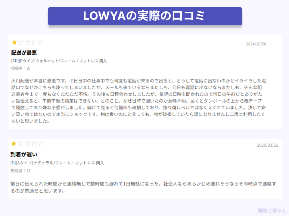 LOWYAの配送に関する実際の口コミ