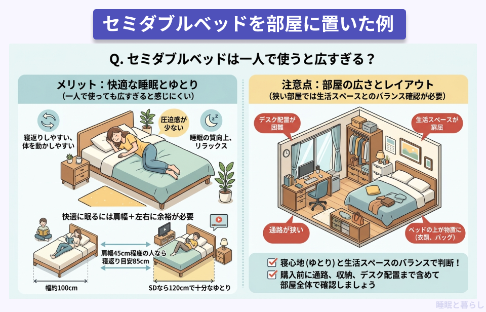 セミダブルベッドを部屋に置いた際の詳細を説明した図解