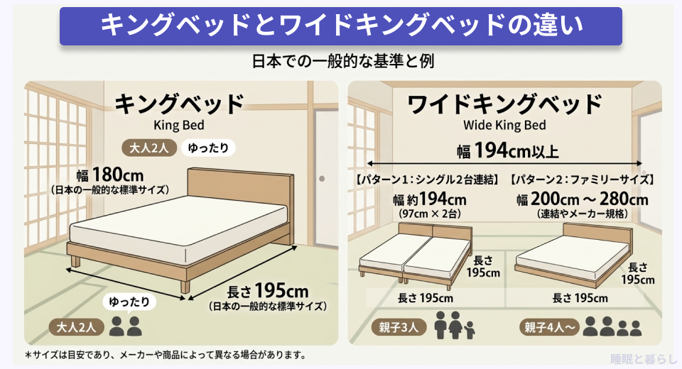 キングベッドとワイドキングの違いを図解で説明した画像