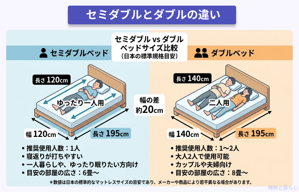 セミダブルとダブルの違いを説明した図解