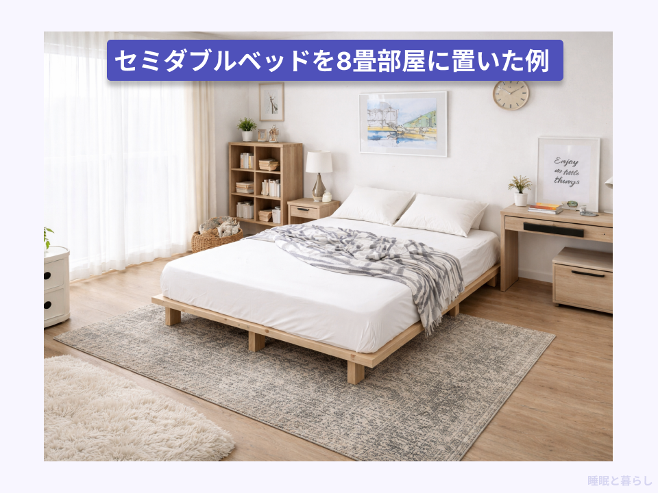 セミダブルベッドを8畳の部屋に置いた画像