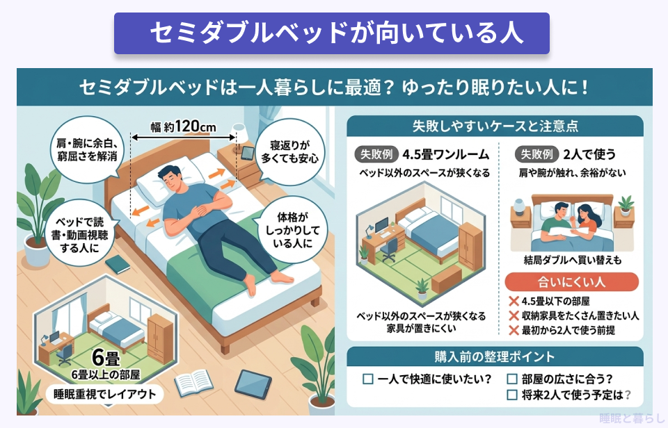 セミダブルベッドが向いている人を説明した図解