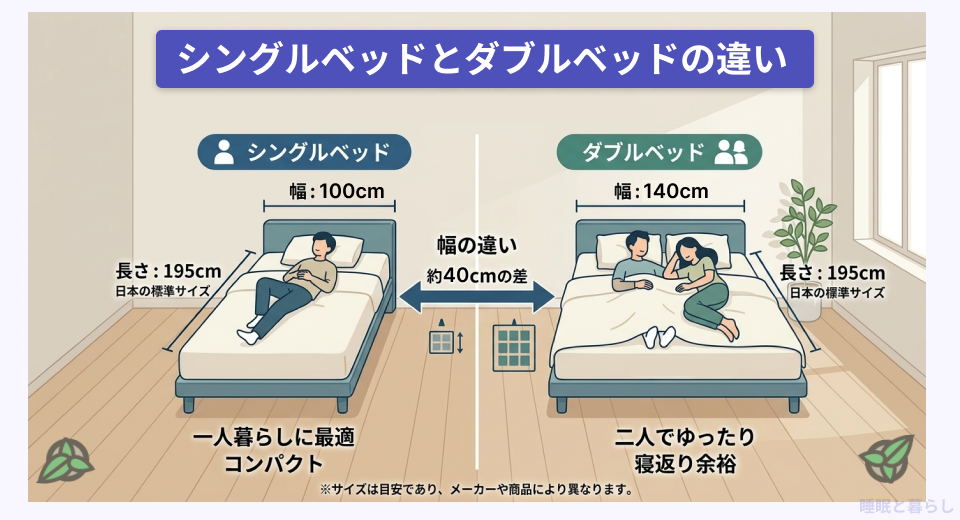 シングルベッドとダブルベッドの違いを解説した図解