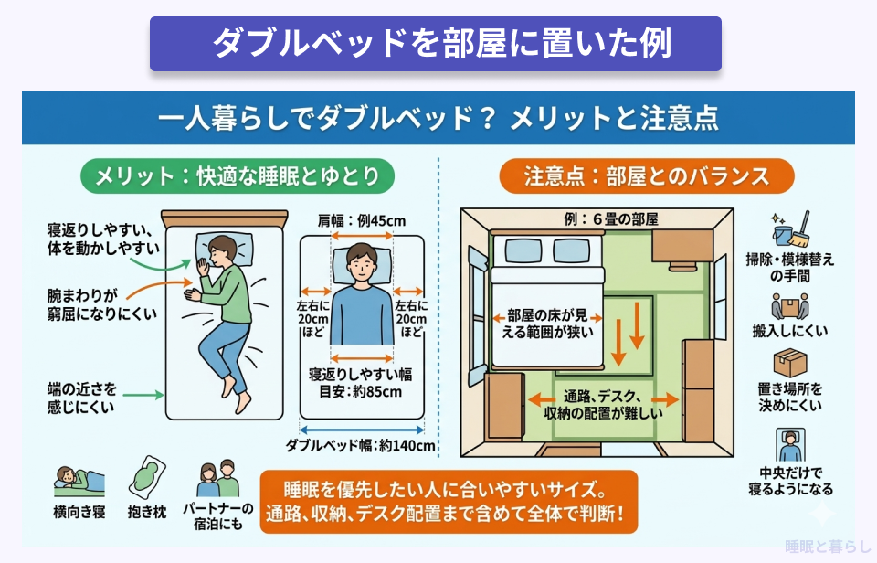 ダブルベッドを部屋に置いた図解