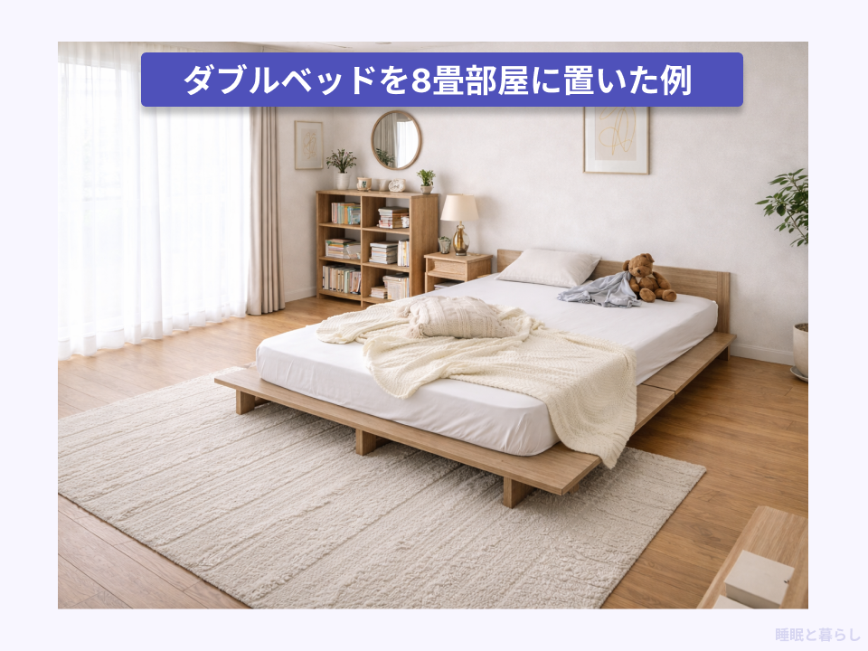 ダブルベッドを8畳の部屋に置いた画像