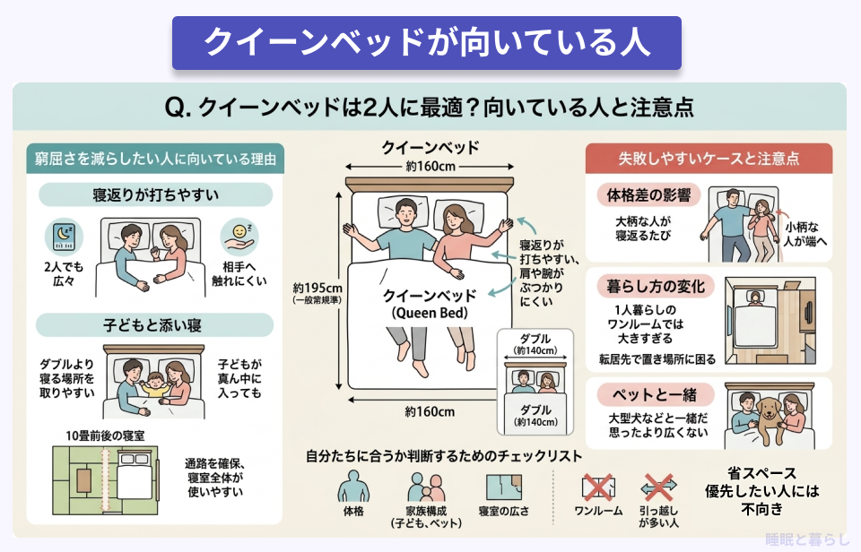 クイーンベッドが向いている人を説明した図解