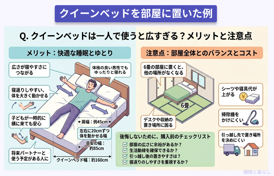 クイーンベッドを部屋に置いた際の詳細を説明した図解