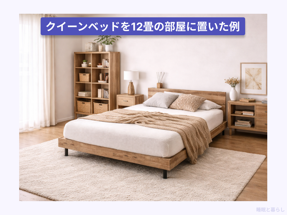 クイーンベッドを12畳の部屋に置いた画像