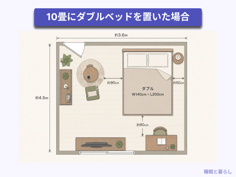 10畳にダブルベッドを置いた場合