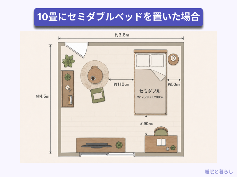 10畳にセミダブルベッドを置いた場合