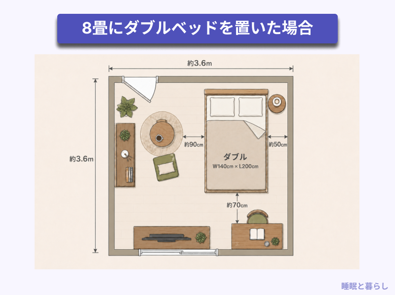 8畳にダブルベッドを置いた場合