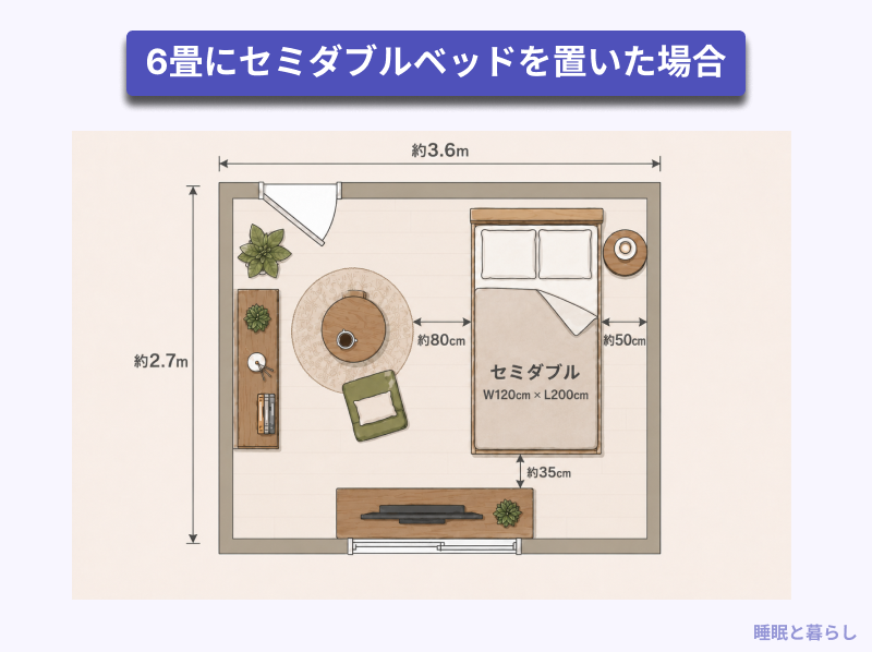 6畳にセミダブルベッドを置いた場合