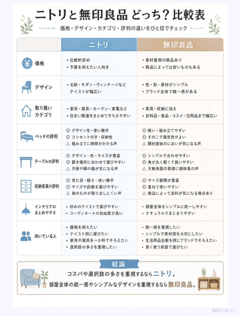 ニトリと無印良品の比較表画像