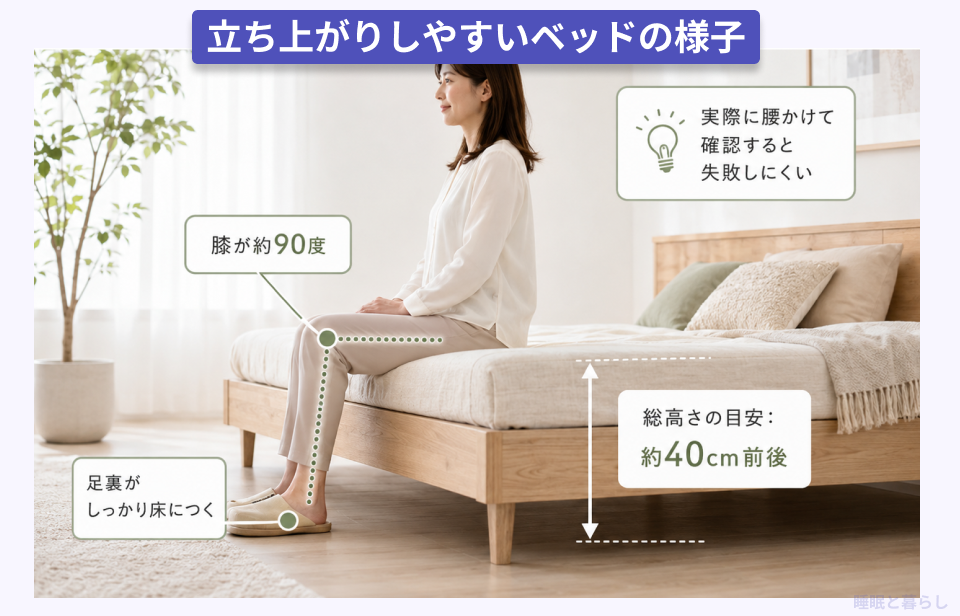 立ち上がりしやすいベッドの高さを説明した画像