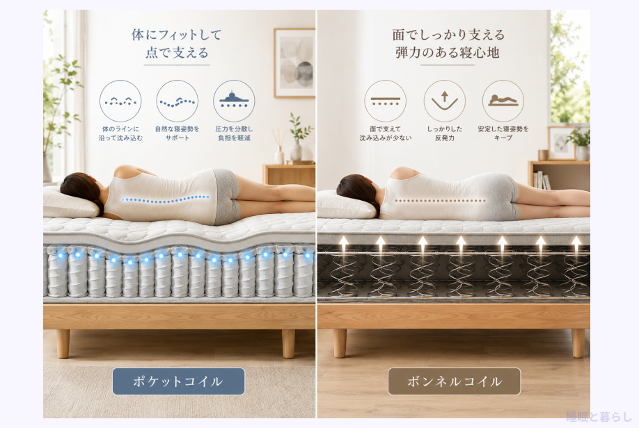ポケットコイルとボンネルコイルの硬さや耐圧分散の違いを説明した画像