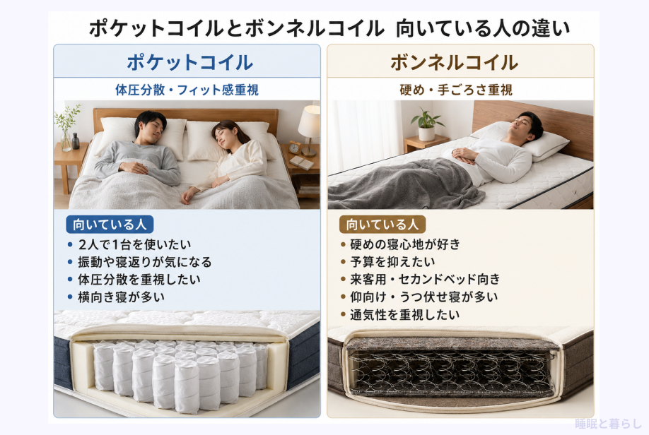 ポケットコイルとボンネルコイルが向いている人の特徴対比画像