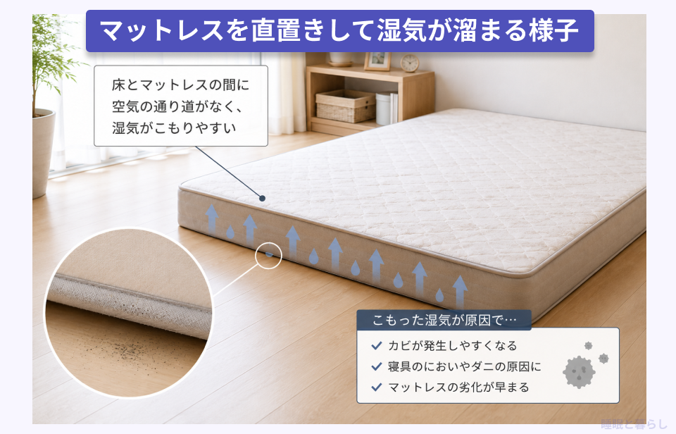 マットレスを直置きして湿気が溜まる様子