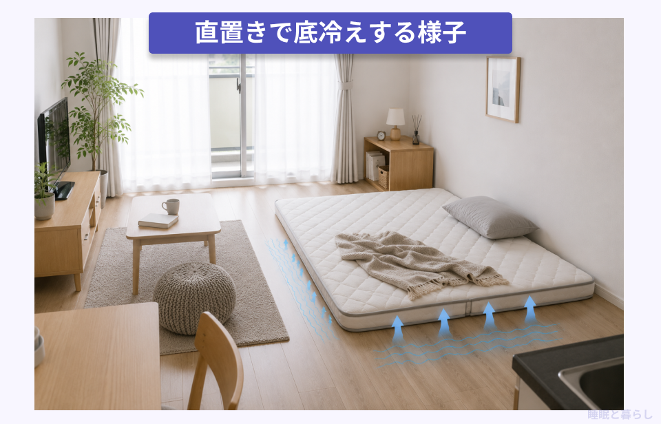 マットレスを直置きして底冷えする様子