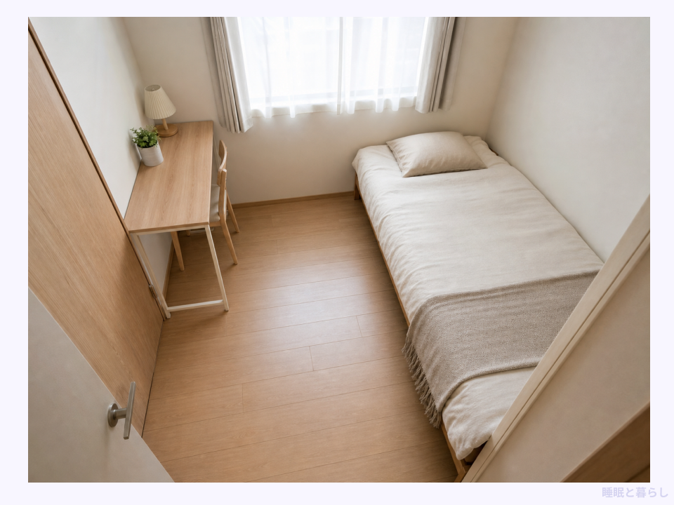 約3畳の正方形に近い部屋にシングルベッドとデスクを配置した例