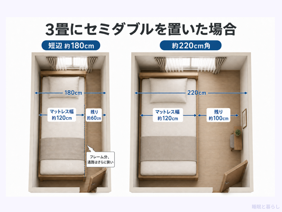 3畳にセミダブルベッドを置いた画像