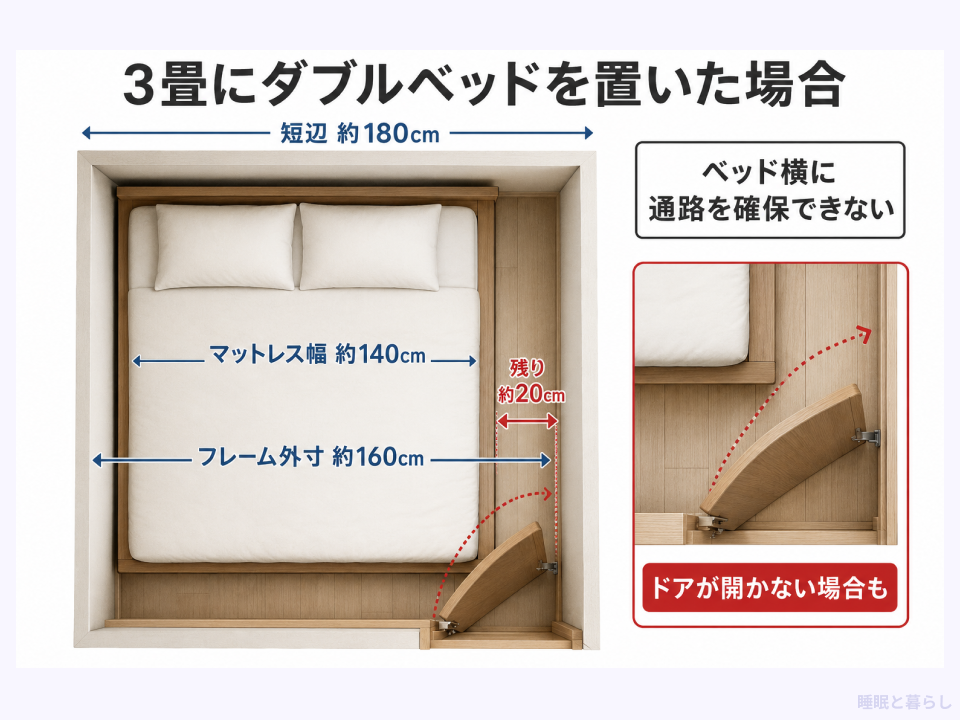 3畳にダブルベッドを置いた画像
