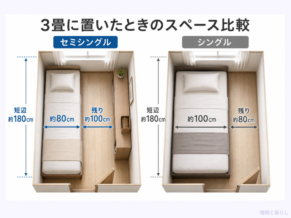 3畳の部屋にセミシングルベッドとシングルベッドを置いた比較画像