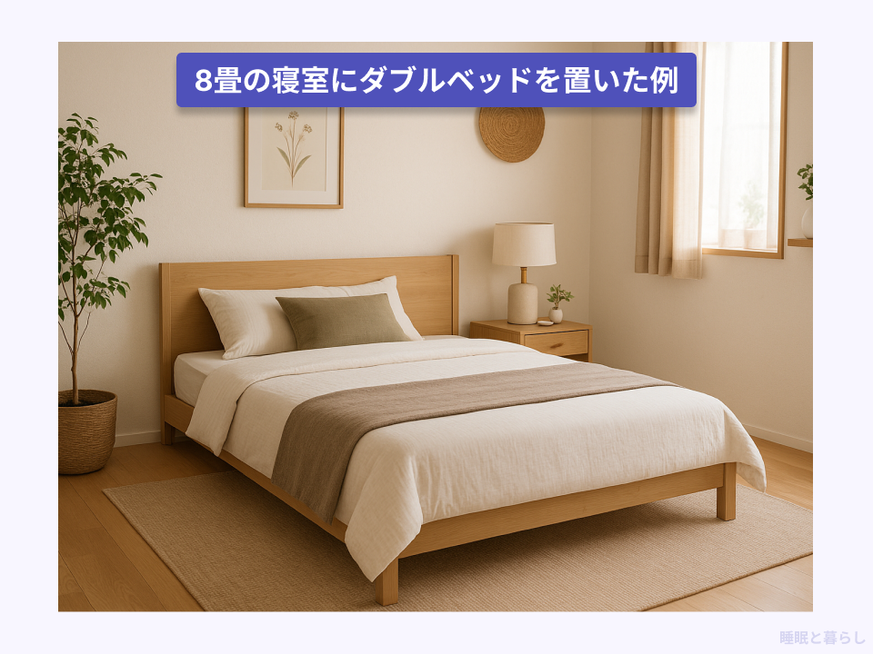 8畳の寝室にダブルベッドを置いたレイアウト画像