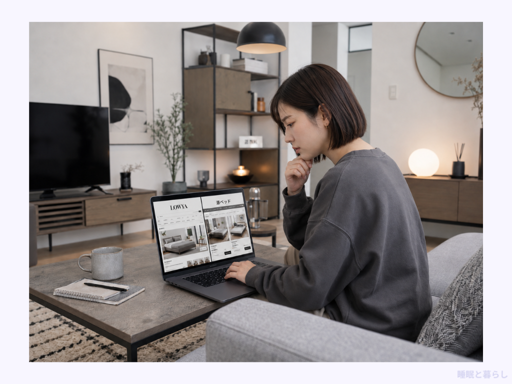 ノートPCで家具通販サイトを比較検討する女性