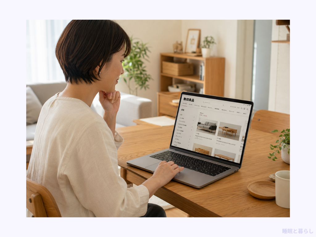無印良品のネットストアで家具を確認する女性