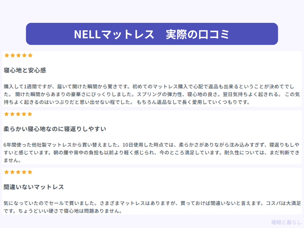NELLマットレスのよい評判