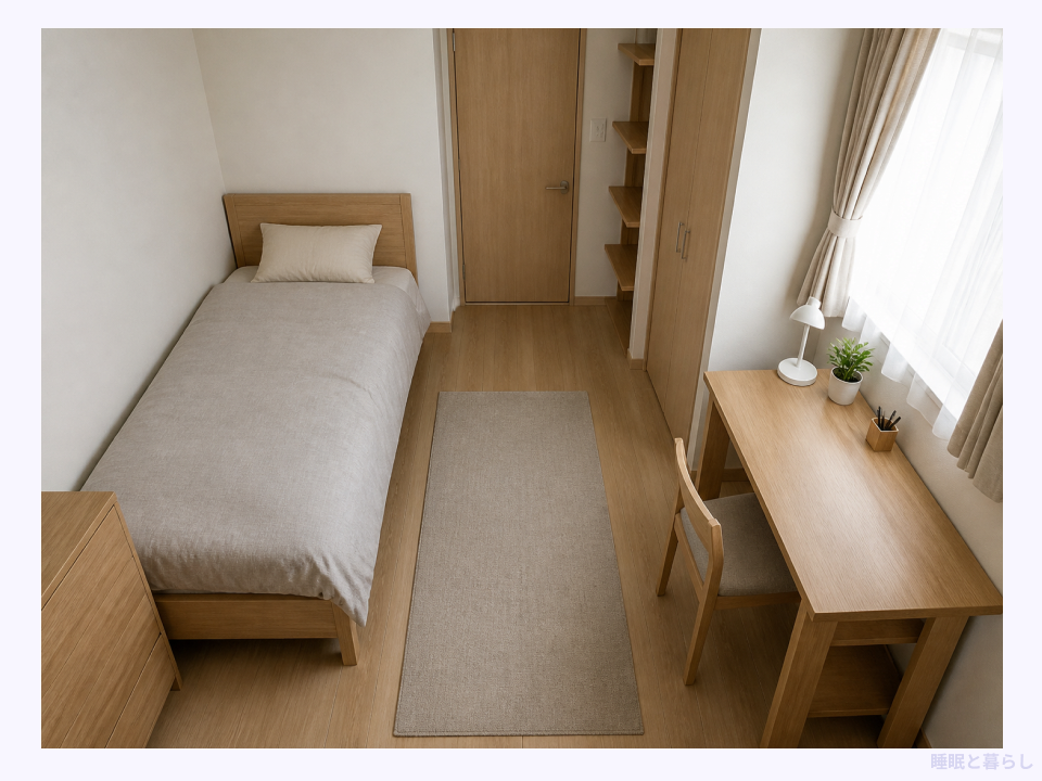 5畳の部屋にシングルベッドとデスクを配置し、通路を確保したレイアウト例
