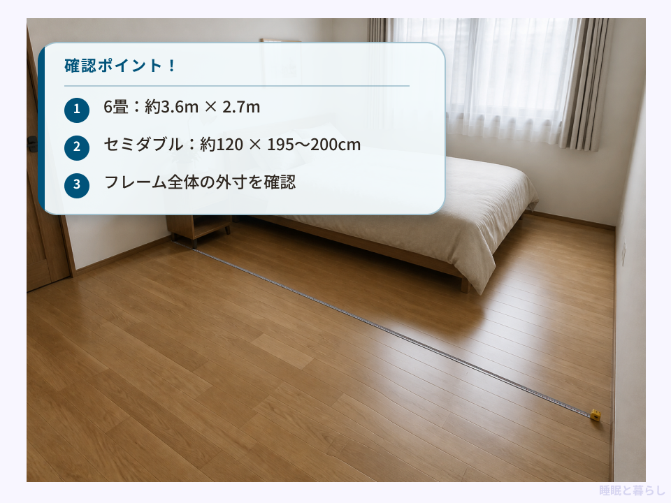 6畳の洋室にセミダブルベッドを置いた寸法確認のポイント
