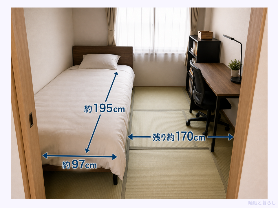 5畳の部屋で幅約97センチのシングルベッドとデスク、通路を配置した例