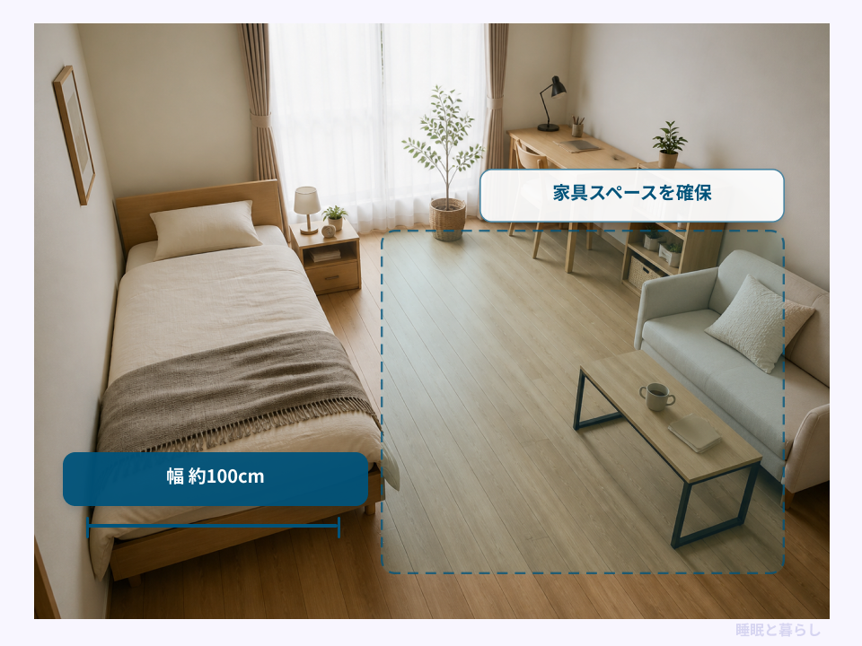 9畳の部屋にシングルベッドを置いた場合の幅と家具スペース