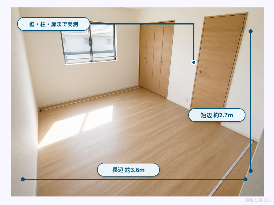 6畳の洋室に長辺約3.6m・短辺約2.7mの寸法線と実測位置を示した図