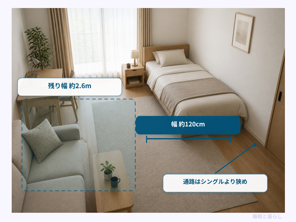 9畳の部屋にセミダブルベッドを置いた場合の幅と通路