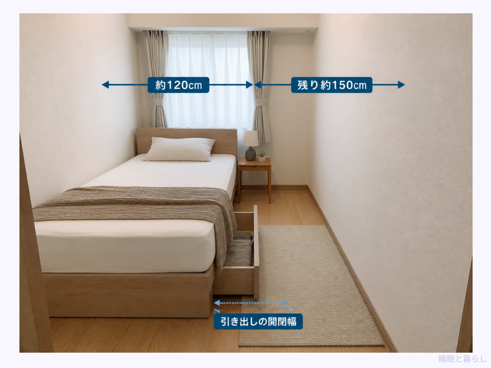 5畳の部屋に幅約120センチのセミダブルベッドを置き、家具と引き出しの開閉幅を確認する例