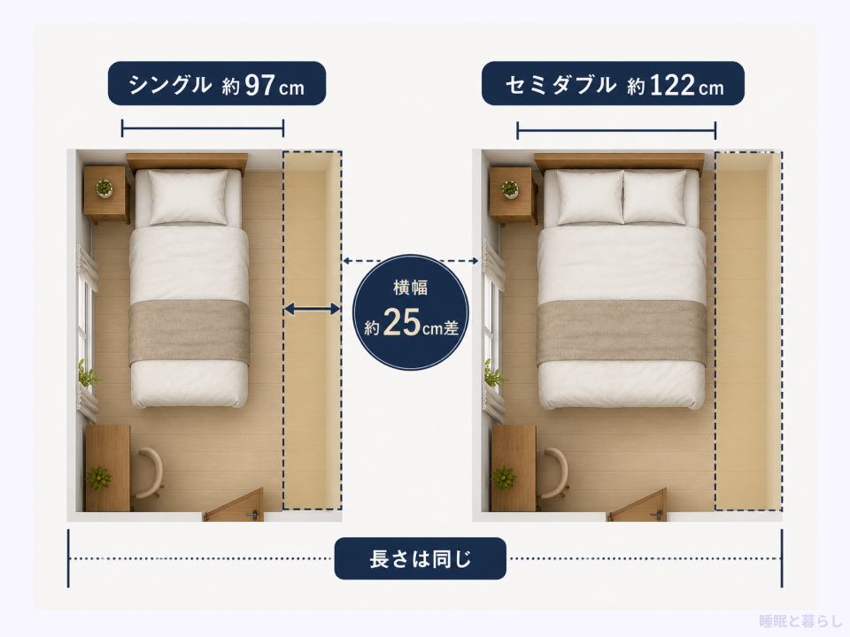 シングルとセミダブルの横幅約25センチ差の比較