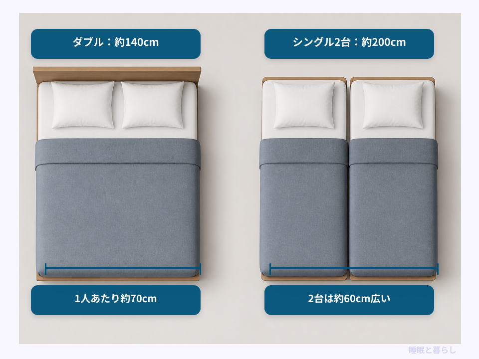 ダブルベッドとシングルベッド2台の幅を比較した画像