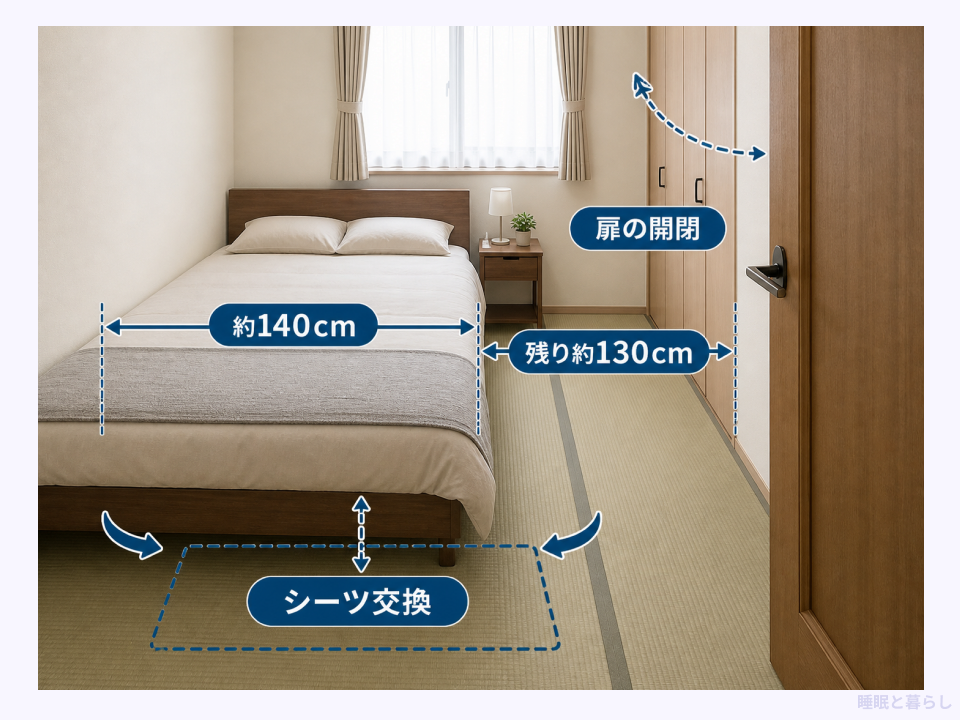 5畳の寝室に幅約140センチのダブルベッドを置き、扉とシーツ交換の空間を確認する例