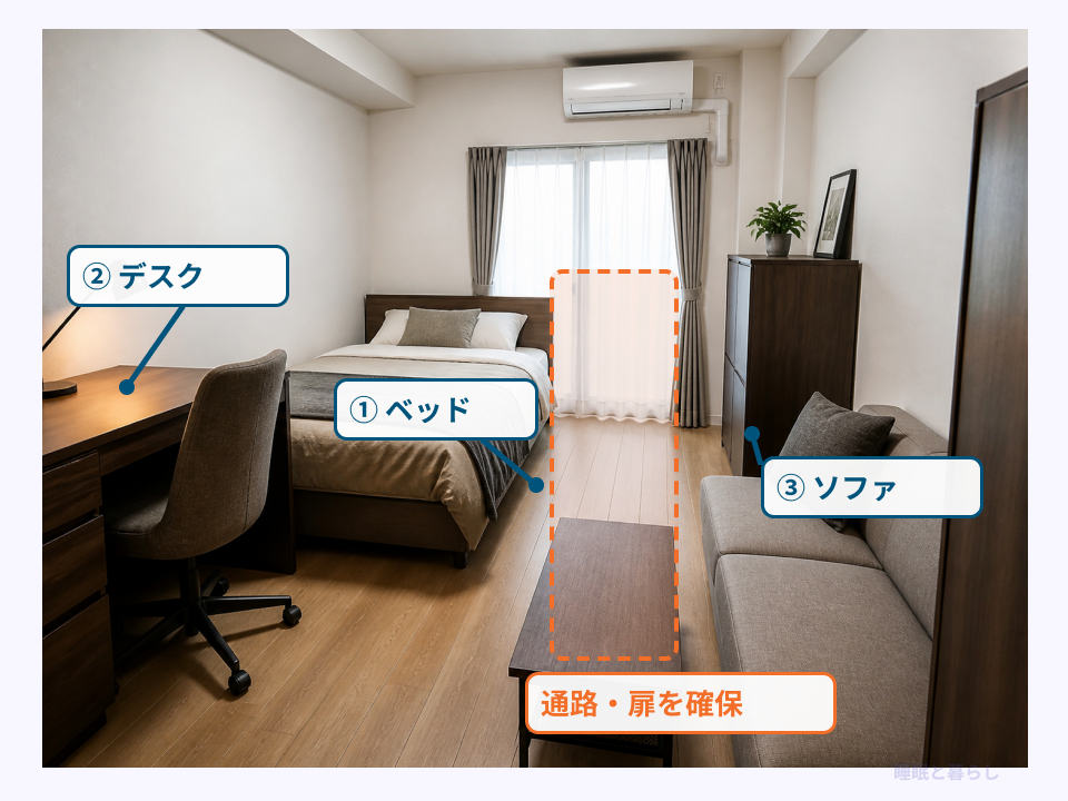 セミダブルベッドと家具を置く際の優先順位と通路確保