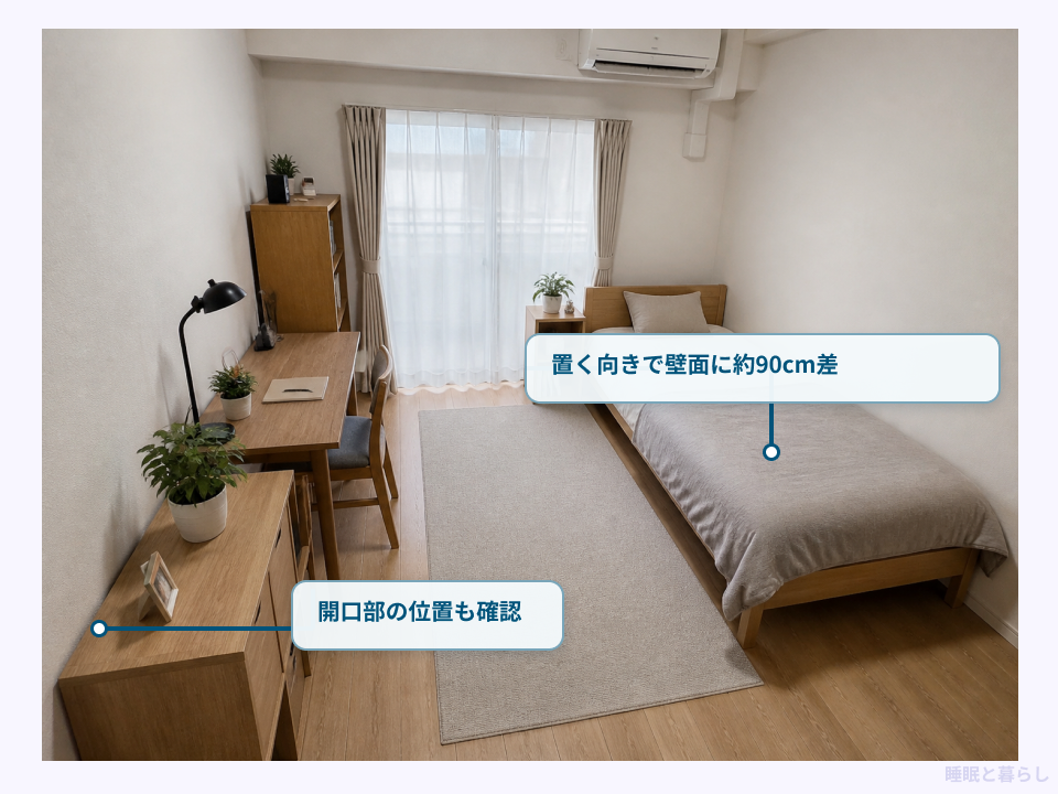 長方形の6畳で壁面の使い方を比較した例