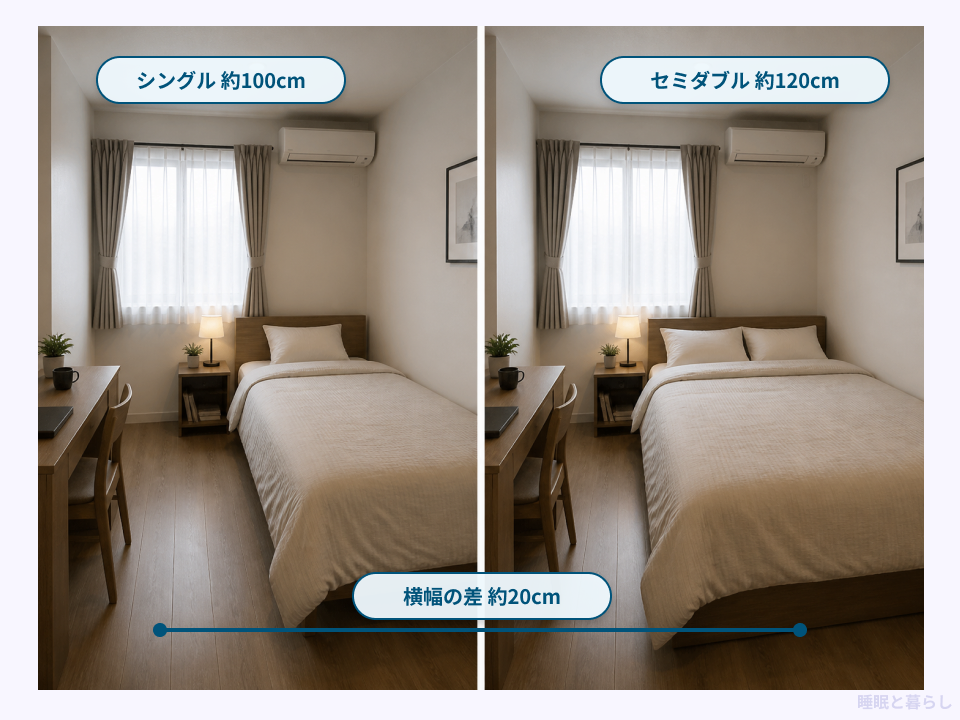 シングル約100cmとセミダブル約120cmの横幅差を示した比較図