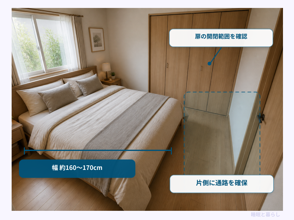 9畳の部屋にクイーンベッドを置いた場合の幅と通路