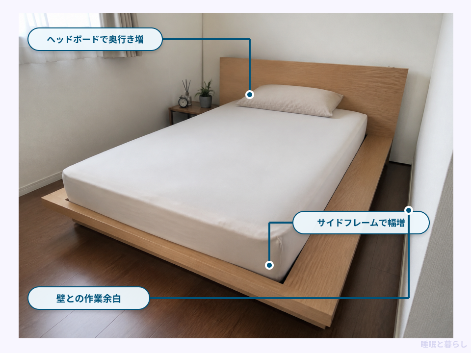 ヘッドボード・サイドフレーム・壁との余白を線で示したベッド外寸の注釈図