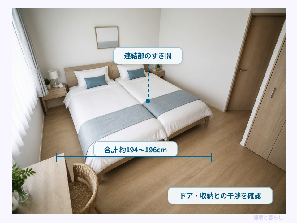 シングルベッド2台の幅と連結部・ドア・収納の確認箇所