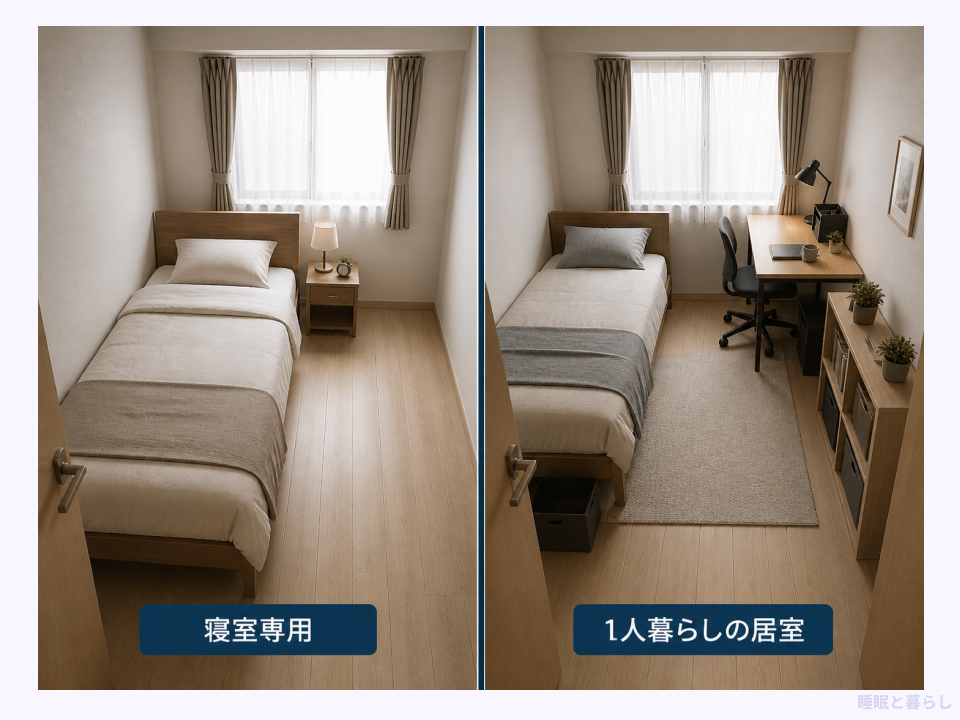 5畳を寝室専用に使う配置と1人暮らしの居室に使う配置の比較