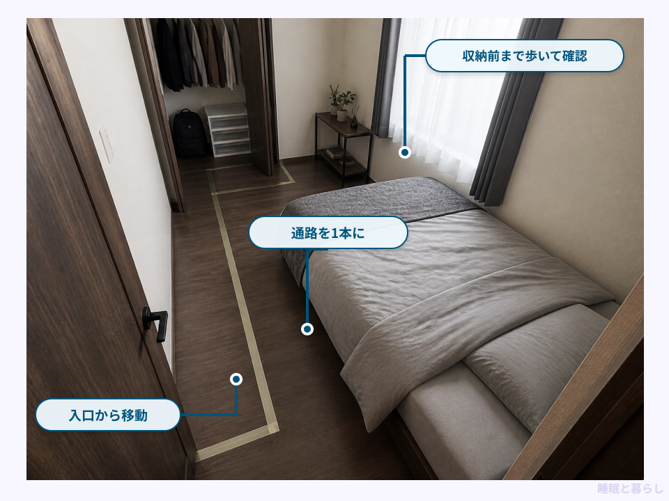入口から収納前までの生活動線を線で示したベッドルームの図