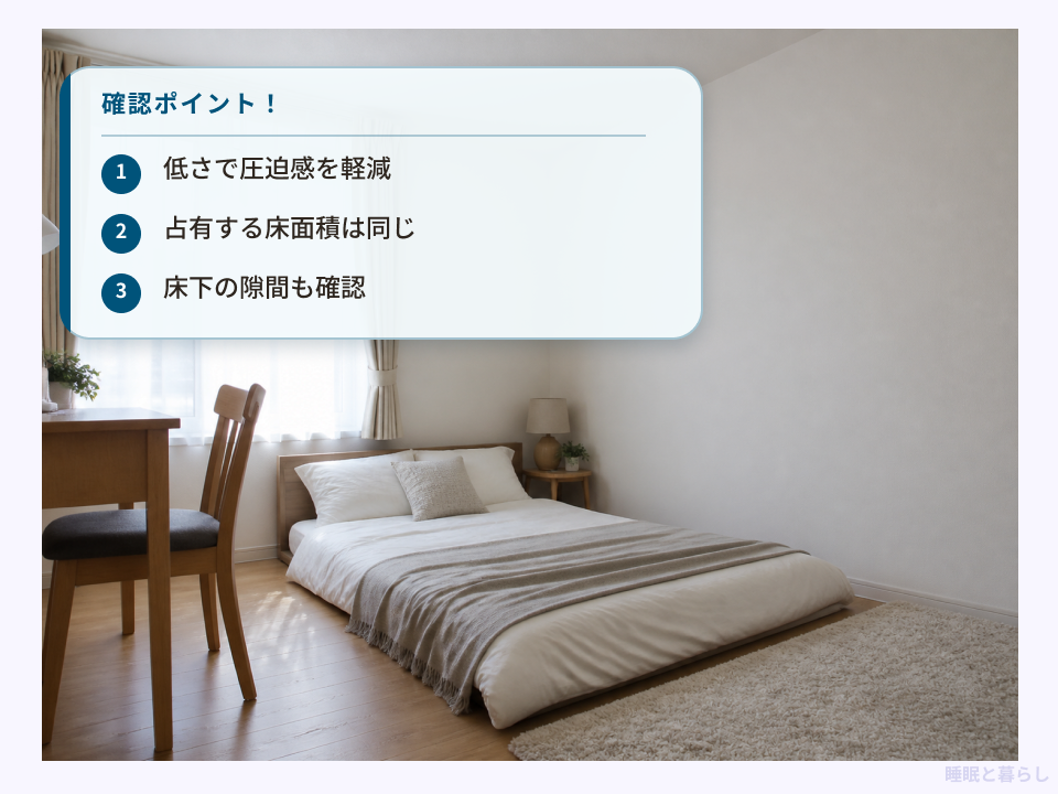 6畳の圧迫感を抑えるローベッドの配置例